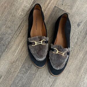 Andre Assous Fur Lined Horse Bit Buckle Suede Loafers Very Comfy New Without Box